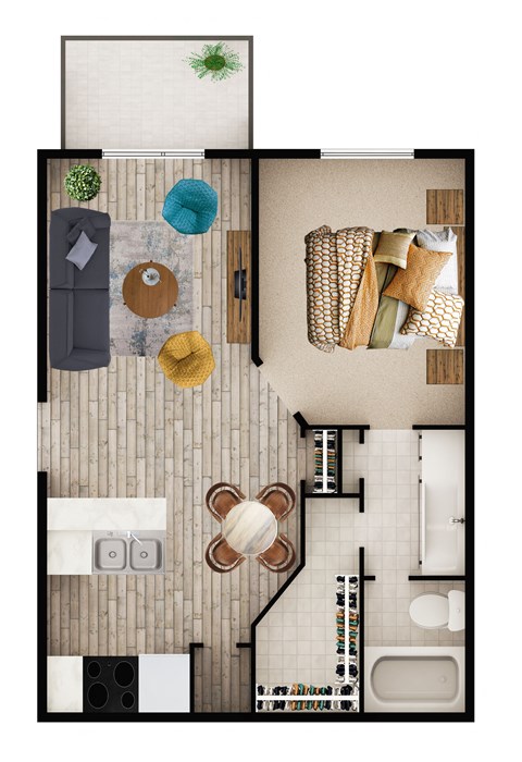 Floor plan for 1 bed, 1 bath, 551 sqft